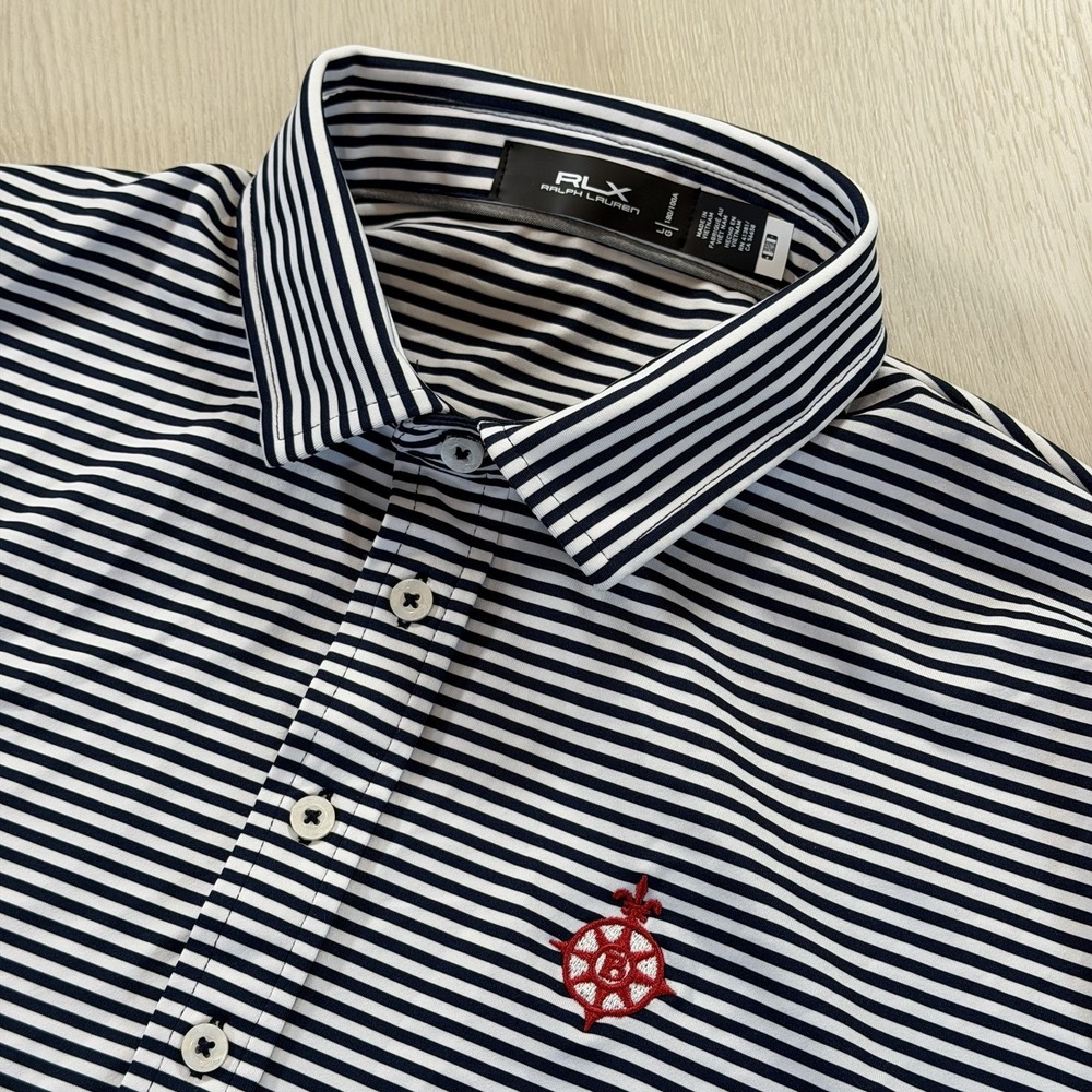 RLX Ralph Lauren Polo Shirt Men's Large Striped Bayonne Golf Club & Spear Logo